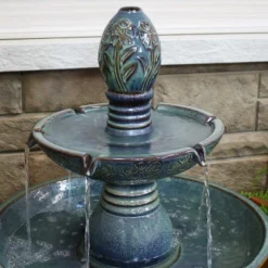 Sunnydaze Decor Sunnydaze 38"H Electric Ceramic 2-Tier Outdoor Water Feature With LED Lights, Green -Sunnydaze Decor GUEST 01b2b7d5 e003 44eb b313 5af7a1a72032