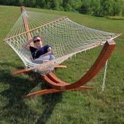 Sunnydaze Decor Sunnydaze Cotton Double Wide 2-Person Rope Hammock With Spreader Bars And Curved Arc Wood Stand - 400 Lb Weight Capacity /13' Stand -Sunnydaze Decor GUEST 0229584c 4584 4508 9530 5e1ce43f1b84