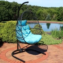 Sunnydaze Decor Sunnydaze Outdoor Resin Wicker Patio Julia Hanging Basket Egg Chair Swing With Cushions, Headrest, And Steel Stand Set - 3pc