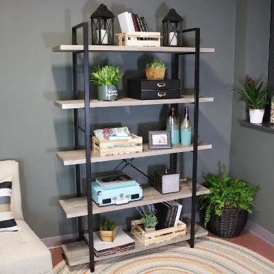 Sunnydaze Decor Sunnydaze 5 Shelf Industrial Style Freestanding Etagere Bookshelf With Wood Veneer Shelves 6 Sunnydaze Decor Sunnydaze 5 Shelf Industrial Style Freestanding Etagere Bookshelf With Wood Veneer Shelves - Image 4