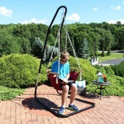 Sunnydaze Decor Sunnydaze Outdoor 1-Person Single Olefin Audrey Hammock Hanging Chair With Bamboo Armrest And Black Steel Stand - Red -Sunnydaze Decor GUEST 07e0e78e f5a6 48f8 ba42 6db3368c1ba7