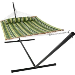 Sunnydaze Decor Sunnydaze 2-Person Quilted Fabric Spreader Bar Hammock With Detachable Pillow And Stand - 400 Lb Weight Capacity/15' Stand -Sunnydaze Decor GUEST 1440c3cb 7f32 4152 a08f 9d586efc3915