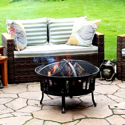 Sunnydaze Decor Sunnydaze 25" Outdoor Steel Mesh Stripe Cutout Fire Pit Set With Spark Screen And Poker Lifting Tool 3 Sunnydaze Decor Sunnydaze 25" Outdoor Steel Mesh Stripe Cutout Fire Pit Set With Spark Screen And Poker Lifting Tool