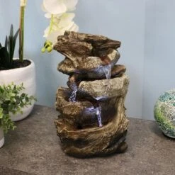 Sunnydaze Decor Sunnydaze Indoor Home Decorative Tiered Rock And Log Waterfall Tabletop Water Fountain With LED Lights - 10"
