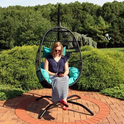 Sunnydaze Decor Sunnydaze Outdoor Resin Wicker Patio Dalia Hanging Basket Egg Chair With Cushions, Headrest, And Steel Stand Set - Teal - 3pc 11 Sunnydaze Decor Sunnydaze Outdoor Resin Wicker Patio Dalia Hanging Basket Egg Chair With Cushions, Headrest, And Steel Stand Set - Teal - 3pc - Image 9