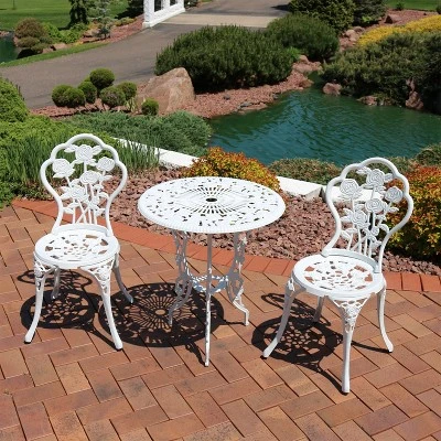 Sunnydaze Decor Sunnydaze Flower Design Cast Aluminum Bistro Set With Cast Iron Legs, White, 3pc 3 Sunnydaze Decor Sunnydaze Flower Design Cast Aluminum Bistro Set With Cast Iron Legs, White, 3pc