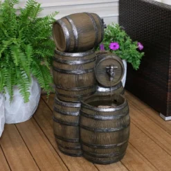 Sunnydaze Decor Sunnydaze 29"H Electric Polyresin Stacked Whiskey Barrel Outdoor Water Fountain With LED Lights