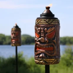 Sunnydaze Decor Sunnydaze Outdoor 3-in-1 Adjustable Height Tiki Face Patio And Lawn Torch Light Set -Sunnydaze Decor GUEST 44184d09 1216 4725 9521 afd229db9065