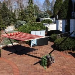 Sunnydaze Decor Sunnydaze 2-Person Quilted Fabric Spreader Bar Hammock With Detachable Pillow And Stand - 400 Lb Weight Capacity/15' Stand