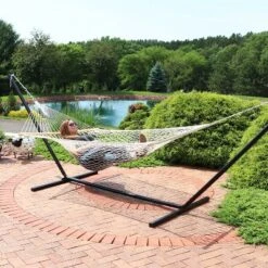 Sunnydaze Decor Sunnydaze Outdoor 2-Person Double Cotton Rope Hammock With Wood Spreader Bar And 15ft Black Steel Stand -Sunnydaze Decor GUEST 4b5caa46 c2db 4254 bd3d 1e0d1c3cde78