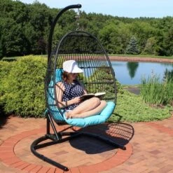 Sunnydaze Decor Sunnydaze Outdoor Resin Wicker Patio Julia Hanging Basket Egg Chair Swing With Cushions, Headrest, And Steel Stand Set - 3pc -Sunnydaze Decor GUEST 50915c66 60f9 4e07 8061 8fe1dcac9b27