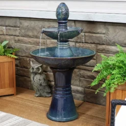 Sunnydaze Decor Sunnydaze 38"H Electric Ceramic 2-Tier Outdoor Water Feature With LED Lights, Green