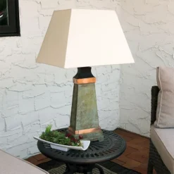Sunnydaze Decor Sunnydaze Contemporary Natural Slate With Copper Trim And Fabric Cream Shade Accent Indoor/Outdoor Weather-Resistant Table Lamp -Sunnydaze Decor GUEST 5321517b 42c5 4223 bbd9 8425cf92f239