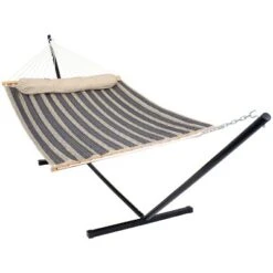 Sunnydaze Decor Sunnydaze Outdoor 2-Person Double Polyester Quilted Hammock With Wood Spreader Bar And 12ft Black Steel Stand -Sunnydaze Decor GUEST 53b53a67 7b61 48a0 b8b1 61310a2aeb61