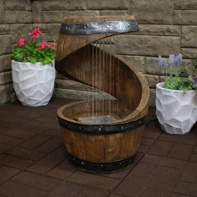 Sunnydaze Decor Sunnydaze 25"H Electric Resin Spiraling Barrel Outdoor Water Fountain With LED Lights 3 Sunnydaze Decor Sunnydaze 25"H Electric Resin Spiraling Barrel Outdoor Water Fountain With LED Lights