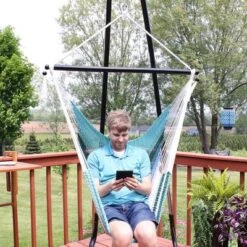 Sunnydaze Decor Sunnydaze Polyester Rope Hanging Caribbean-Style Hammock Chair Swing For Patio, Porch, Or Yard - Lagoon Stripes 13 Sunnydaze Decor Sunnydaze Polyester Rope Hanging Caribbean-Style Hammock Chair Swing For Patio, Porch, Or Yard - Lagoon Stripes -Sunnydaze Decor GUEST 56f5c225 b1e6 4693 89dd 409c3c4822f9