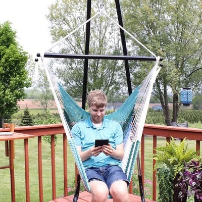 Sunnydaze Decor Sunnydaze Polyester Rope Hanging Caribbean-Style Hammock Chair Swing For Patio, Porch, Or Yard - Lagoon Stripes 8 Sunnydaze Decor Sunnydaze Polyester Rope Hanging Caribbean-Style Hammock Chair Swing For Patio, Porch, Or Yard - Lagoon Stripes - Image 6