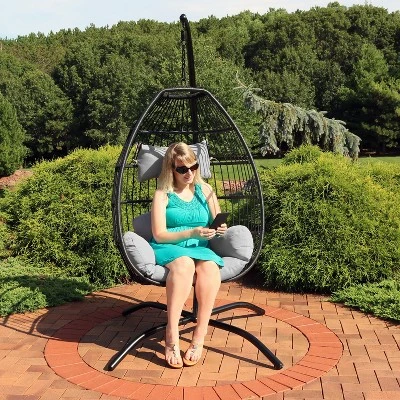 Sunnydaze Decor Sunnydaze Outdoor Resin Wicker Patio Delaney Hanging Basket Egg Chair With Cushions, Headrest, And Steel Stand Set - Gray - 3pc 9 Sunnydaze Decor Sunnydaze Outdoor Resin Wicker Patio Delaney Hanging Basket Egg Chair With Cushions, Headrest, And Steel Stand Set - Gray - 3pc - Image 7