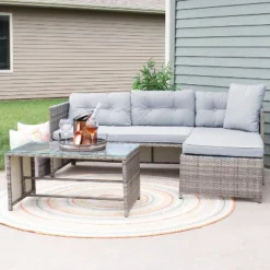 Sunnydaze Decor Sunnydaze Outdoor Longford Patio Sectional Sofa Conversation Set With Cushions And Table - Stone Gray - 3pc