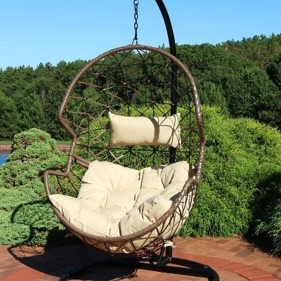 Sunnydaze Decor Sunnydaze Outdoor Resin Wicker Patio Lorelei Hanging Basket Egg Chair Swing With Cushions And Headrest - Beige - 2pc 3 Sunnydaze Decor Sunnydaze Outdoor Resin Wicker Patio Lorelei Hanging Basket Egg Chair Swing With Cushions And Headrest - Beige - 2pc