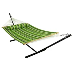 Sunnydaze Decor Sunnydaze Outdoor 2-Person Double Polyester Quilted Hammock With Wood Spreader Bar And 12ft Black Steel Stand -Sunnydaze Decor GUEST 5f20b64b ed5c 48f6 99e4 98a972d14170