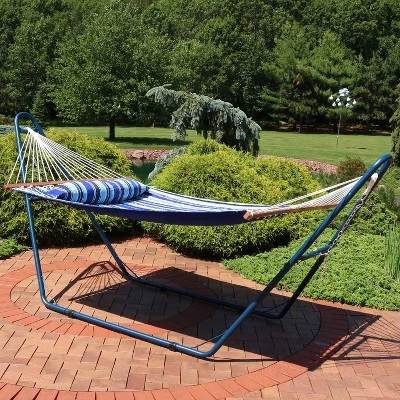 Sunnydaze Decor Sunnydaze Outdoor 2-Person Double Polyester Quilted Hammock With Wood Spreader Bar And Matte Blue Steel Multi-Use Stand - Catalina Beach 3 Sunnydaze Decor Sunnydaze Outdoor 2-Person Double Polyester Quilted Hammock With Wood Spreader Bar And Matte Blue Steel Multi-Use Stand - Catalina Beach