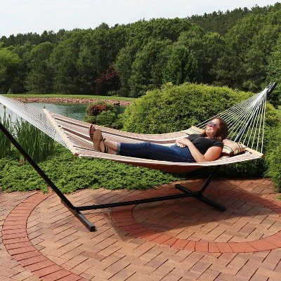 Sunnydaze Decor Sunnydaze Large Two-Person Quilted Fabric Hammock With Spreader Bars And Detachable Pillow - 450 Lb Weight Capacity - Sandy Beach 7 Sunnydaze Decor Sunnydaze Large Two-Person Quilted Fabric Hammock With Spreader Bars And Detachable Pillow - 450 Lb Weight Capacity - Sandy Beach - Image 5