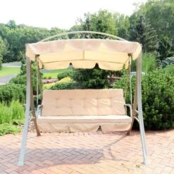 Sunnydaze Decor Sunnydaze Outdoor 3-Person Steel Patio Swing With Adjustable Canopy And Tufted Cushions, Beige