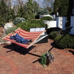 Sunnydaze Decor Sunnydaze 2-Person Quilted Fabric Spreader Bar Hammock With Detachable Pillow And Stand - 400 Lb Weight Capacity/15' Stand -Sunnydaze Decor GUEST 6a6c9421 cd48 44fc 84aa a01d6b91404a