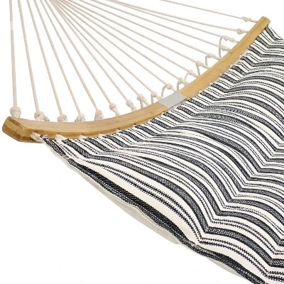 Sunnydaze Decor Sunnydaze Polycotton 2-Person Hammock With Curved Bamboo Foldable Spreader Bars - 450 Lb Weight Capacity - Neutral Stripe 4 Sunnydaze Decor Sunnydaze Polycotton 2-Person Hammock With Curved Bamboo Foldable Spreader Bars - 450 Lb Weight Capacity - Neutral Stripe - Image 2