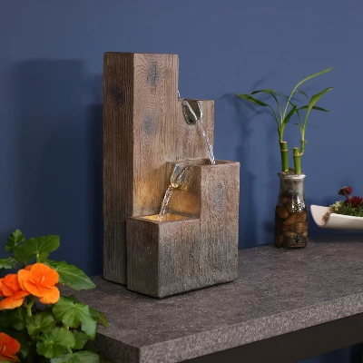 Sunnydaze Decor Sunnydaze Indoor Home Office Polyresin Faux Wooden Tiered Columns Tabletop Fountain With LED Lights - 13" 4 Sunnydaze Decor Sunnydaze Indoor Home Office Polyresin Faux Wooden Tiered Columns Tabletop Fountain With LED Lights - 13" - Image 2