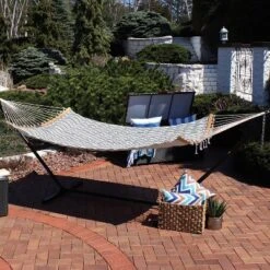 Sunnydaze Decor Sunnydaze Polycotton 2-Person Hammock With Curved Bamboo Foldable Spreader Bars - 450 Lb Weight Capacity - Neutral Stripe