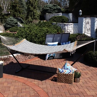 Sunnydaze Decor Sunnydaze Polycotton 2-Person Hammock With Curved Bamboo Foldable Spreader Bars - 450 Lb Weight Capacity - Neutral Stripe 3 Sunnydaze Decor Sunnydaze Polycotton 2-Person Hammock With Curved Bamboo Foldable Spreader Bars - 450 Lb Weight Capacity - Neutral Stripe