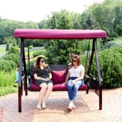 Sunnydaze Decor Sunnydaze 3-Person Outdoor Patio Swing With Adjustable Canopy Shade, Foldable Side Tables, Cushions And Pillow, Merlot -Sunnydaze Decor GUEST 81ff8999 1942 4aa6 99fd 3ea688334ce7