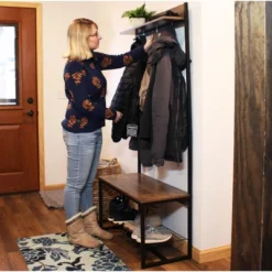 Sunnydaze Decor Sunnydaze Indoor Industrial-Style Hall Tree Bench With Coat/Shoe Rack - MDP Shelves With Powder-Coated Steel Frame - Brown - 67 In