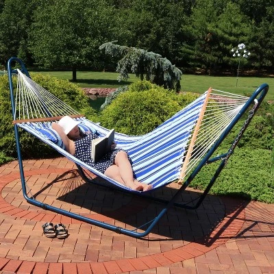 Sunnydaze Decor Sunnydaze Outdoor 2-Person Double Polyester Quilted Hammock With Wood Spreader Bar And Matte Blue Steel Multi-Use Stand - Catalina Beach 7 Sunnydaze Decor Sunnydaze Outdoor 2-Person Double Polyester Quilted Hammock With Wood Spreader Bar And Matte Blue Steel Multi-Use Stand - Catalina Beach - Image 5