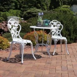 Sunnydaze Decor Sunnydaze Flower Design Cast Aluminum Bistro Set With Cast Iron Legs, White, 3pc 11 Sunnydaze Decor Sunnydaze Flower Design Cast Aluminum Bistro Set With Cast Iron Legs, White, 3pc -Sunnydaze Decor GUEST 8d189da7 b6ee 41bd baa4 fd76ce936875