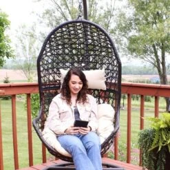 Sunnydaze Decor Sunnydaze Outdoor Resin Wicker Patio Cordelia Hanging Basket Egg Chair Swing With Cushion And Headrest - 2pc -Sunnydaze Decor GUEST 9150082e be23 4be9 be3e ca18c3ef9fde