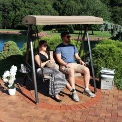 Sunnydaze Decor Sunnydaze 2-Person Outdoor Patio Swing With Adjustable Canopy Shade, Cushions And Pillow, Beige -Sunnydaze Decor GUEST 93b675c2 a78a 4513 b6f1 8efe963083cb