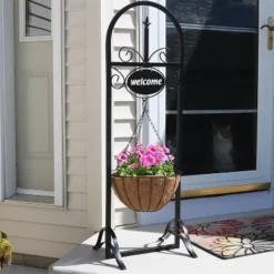 Sunnydaze Decor Sunnydaze Indoor/Outdoor Iron Construction Decorative Welcome Sign And Coco Grass Liner Hanging Basket Planter Stand - 48" H - Black