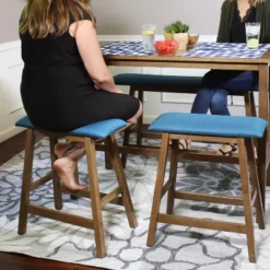 Sunnydaze Decor Sunnydaze Set Of 2 Indoor Wooden Backless Counter-Height Stools - Weathered Oak Finish With Blue Cushions -Sunnydaze Decor GUEST a039f177 d568 43c8 a8ca 200843db27f5