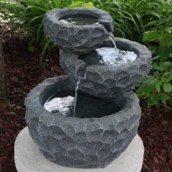 Sunnydaze Decor Sunnydaze Outdoor 3-Tier Chiseled Basin Solar Powered Water Fountain With Battery Backup And Submersible Pump - 22"