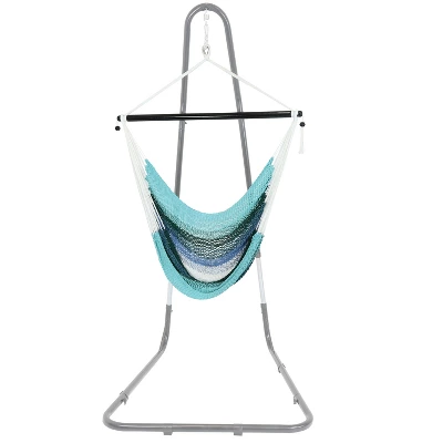 Sunnydaze Decor Sunnydaze Polyester Rope Hanging Caribbean-Style Hammock Chair Swing For Patio, Porch, Or Yard - Lagoon Stripes 7 Sunnydaze Decor Sunnydaze Polyester Rope Hanging Caribbean-Style Hammock Chair Swing For Patio, Porch, Or Yard - Lagoon Stripes - Image 5