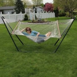 Sunnydaze Decor Sunnydaze Cotton Double Wide 2-Person Rope Hammock With Spreader Bars And Multi-Use Steel Stand - 450 Lb Weight Capacity - White -Sunnydaze Decor GUEST b86d3fb5 b468 44c6 93a5 a1cdc175a7e1