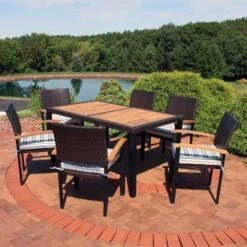 Sunnydaze Decor Sunnydaze Outdoor Rattan And Acacia Wood Carlow Patio Dining Set With Table, Chairs, And Seat Cushions - 7pc