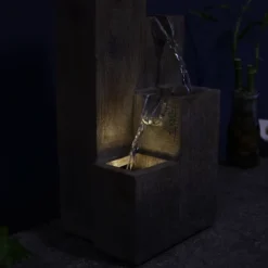 Sunnydaze Decor Sunnydaze Indoor Home Office Polyresin Faux Wooden Tiered Columns Tabletop Fountain With LED Lights - 13"