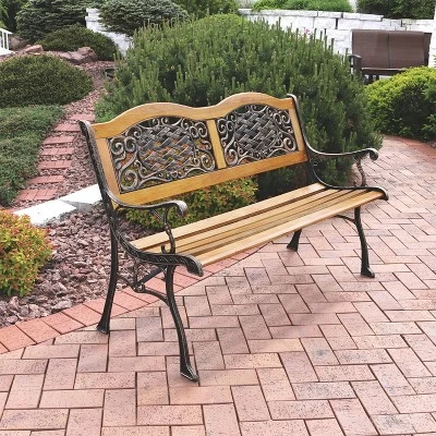 Sunnydaze Decor Sunnydaze 2-Person Ivy Crossweave Design Cast Iron And Wood Frame Outdoor Garden Bench 6 Sunnydaze Decor Sunnydaze 2-Person Ivy Crossweave Design Cast Iron And Wood Frame Outdoor Garden Bench - Image 4
