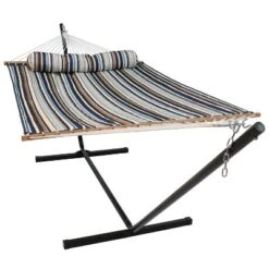 Sunnydaze Decor Sunnydaze Outdoor 2-Person Double Polyester Quilted Hammock With Wood Spreader Bar And 12ft Black Steel Stand -Sunnydaze Decor GUEST c6a538cb 58c7 4a5e b476 641708283902