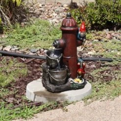 Sunnydaze Decor Sunnydaze 16"H Electric Polyresin Gnomes Climbing Fire Hydrant Outdoor Water Fountain With LED Light