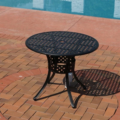 Sunnydaze Decor Sunnydaze Round Lattice Design Cast Aluminum Outdoor Patio Table With Umbrella Hole, Black 3 Sunnydaze Decor Sunnydaze Round Lattice Design Cast Aluminum Outdoor Patio Table With Umbrella Hole, Black